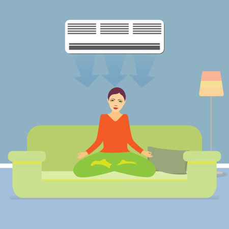 Woman meditating on a sofa under the air conditionerのイラスト素材
