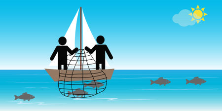 Two fishermen in a boat fishing with a netのイラスト素材