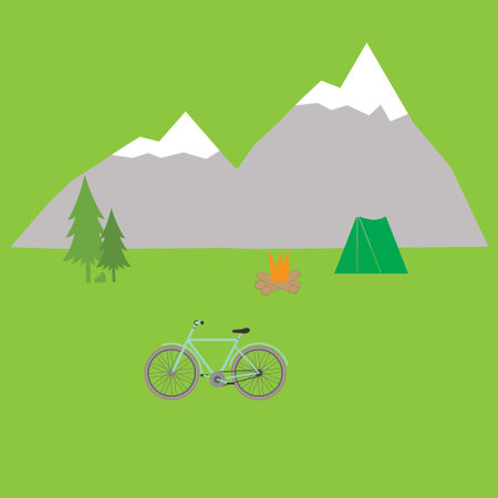Bicycle, tent, fire and fir tree in the mountainsのイラスト素材
