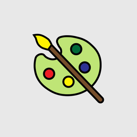 Painting palette with blue, yellow, green, and red and a brushのイラスト素材
