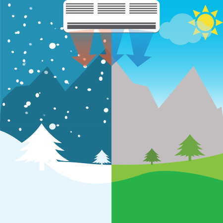 Air conditioner with summer and winter landscape, hot and cold temperatures conceptのイラスト素材
