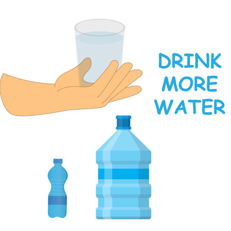 Gallon and bottle of water with a hand holding a glass of water and the text drink more waterのイラスト素材