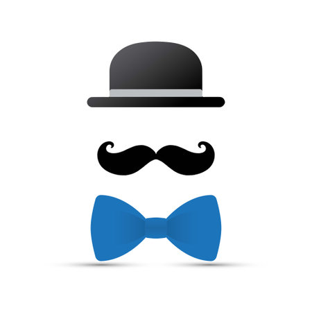 <p>Black mustache, hat and blue bowtie on white background</p>のイラスト素材