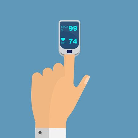 Fingertip pulse oximeter used to examine patient pulse rate and blood oxygen saturation levelsのイラスト素材
