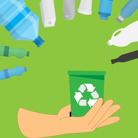 Hand holding a bin with recycle symbol on it and containers made from various materialsのイラスト素材