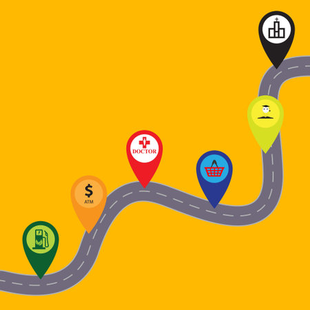 Winding road with with six colorful pin pointers with different symbolsのイラスト素材