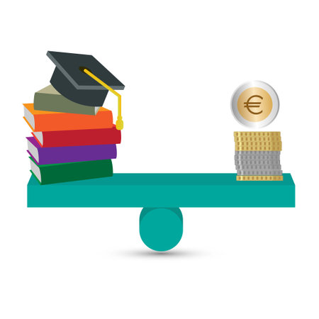 Graduation cap, books and money on a balanced see sawのイラスト素材