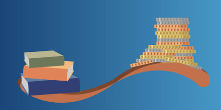 Stack of books and a pile of coins on a scale, value of education conceptのイラスト素材