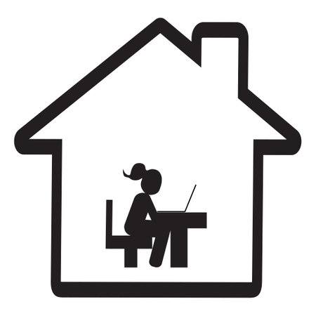 Symbol of a house with a silhouette of a woman sitting at a desk with a laptop, working from home conceptのイラスト素材
