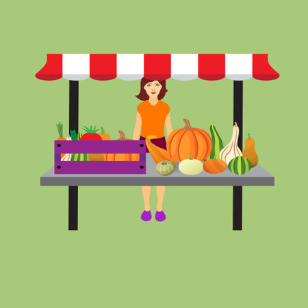 Woman at an open air stall with counter selling vegetables, open air market conceptのイラスト素材