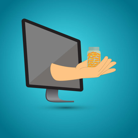 Hand from monitor holding a bottle with pillsのイラスト素材