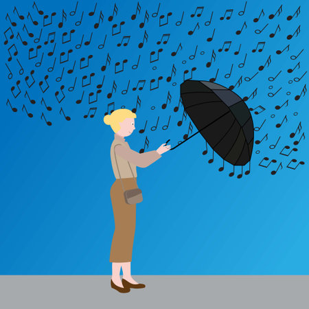 Woman with umbrella and rain of musical notesのイラスト素材