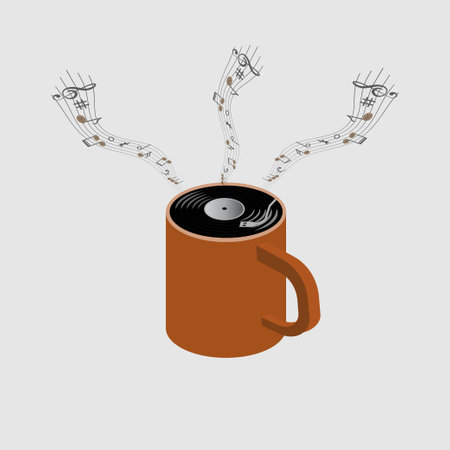 Coffee mug with vinyl in it and musical staff with coffee beans as musical notesのイラスト素材