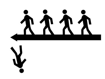 Silhouettes of persons walking in the same direction and one person who has fallenのイラスト素材