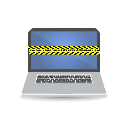 Yellow tape line with black stripes and the text fake news on a laptopのイラスト素材