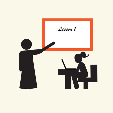 Silhouette of a teacher pointing at a whiteboard and a student girl sitting at her desk with a laptopのイラスト素材