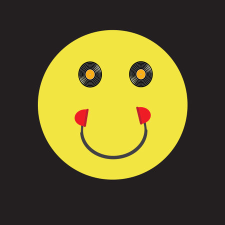 Happy yellow smiley face with vinyl eyes and headphones mouth, music conceptのイラスト素材