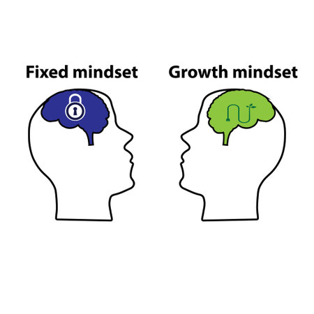 Heads of two persons one with fixed mindset and the other with growth mindsetのイラスト素材