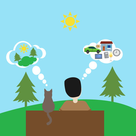 Mindful versus mindfull concept, man and cat sitting on a bench in front of a landscapeのイラスト素材