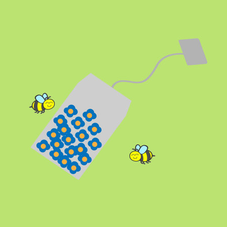 Tea bag with blue flowers inside and bees around itのイラスト素材
