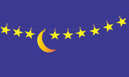 Stars and moon hanging on a rope with clothes pegsのイラスト素材