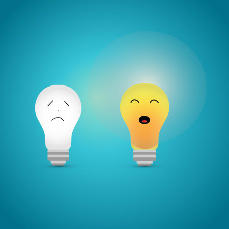 Light bulbs turned on and turned off with human faces expressing different emotionsのイラスト素材