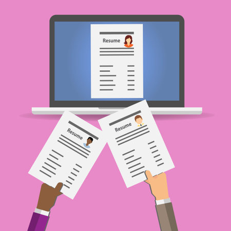 Two hands holding cv resumes in front of a laptop with a resume on itのイラスト素材