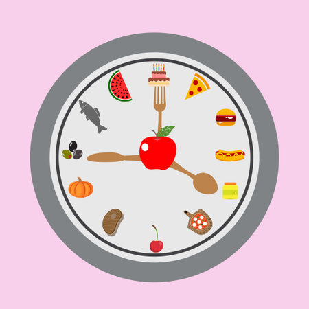 Clock face with fork, spoon and knife instead of clock handsのイラスト素材