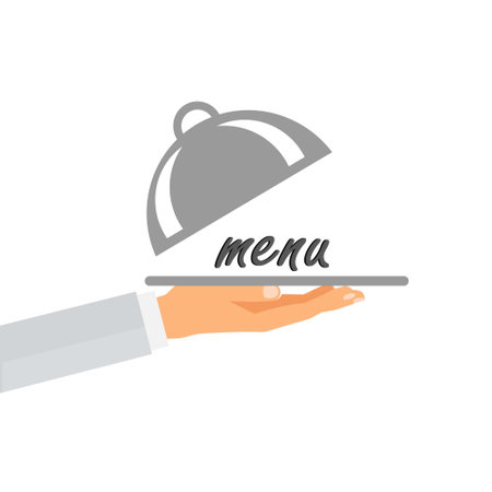 Hand of a person holding a tray with a cloche and the word menu on itのイラスト素材