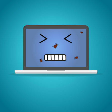 Sick laptop with antropomorphic face and bugs on it, computer virus conceptのイラスト素材