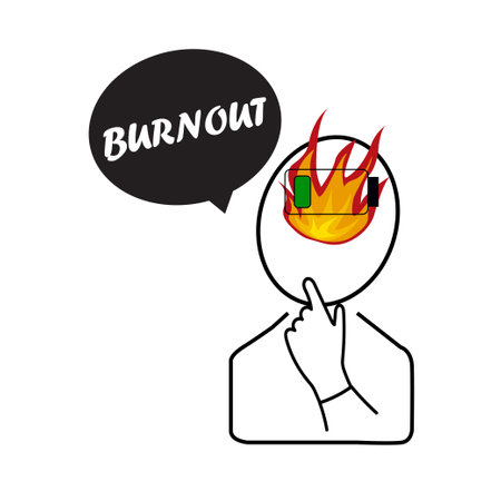 Person with a low battery and a fire flame in the head, burnout conceptのイラスト素材