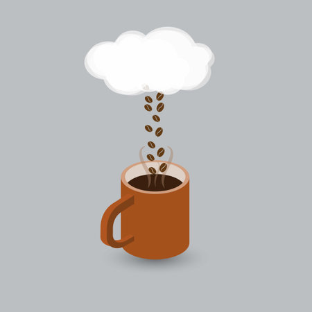 Coffee mug with a rainy cloud above and coffee beans as rain dropsのイラスト素材