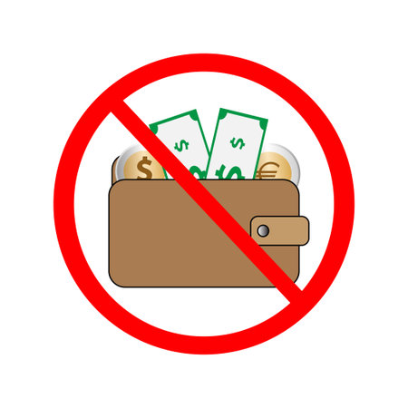 Wallet with dollar and euro banknotes and coins and the prohibition symbol, cash is not accepted conceptのイラスト素材