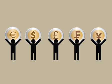 Silhouettes of five people holding five different coinsのイラスト素材