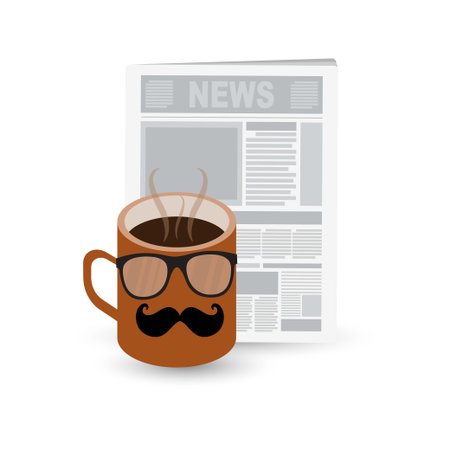 Daily newspaper and hot coffee mug with mustache and eyeglassesのイラスト素材