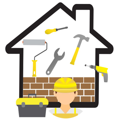 Symbol of a house under construction with a builder and his toolsのイラスト素材
