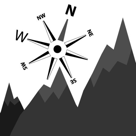 Mountain peaks with compass, silhouette outdoors adventureのイラスト素材