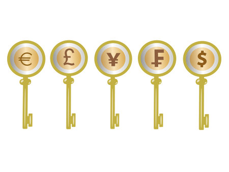 A set of five keys with different currenciesのイラスト素材