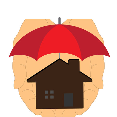 Hands holding a house with an umbrella over it, insurance conceptのイラスト素材