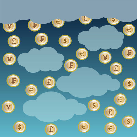 Different coins falling from clouds, business and finance conceptのイラスト素材