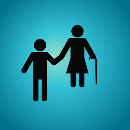 Silhouette of a man helping an old woman with walking stickのイラスト素材