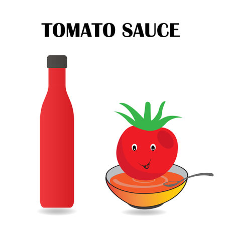 Tomato sauce in a bottle and in a bowl with a funny tomato character and textのイラスト素材