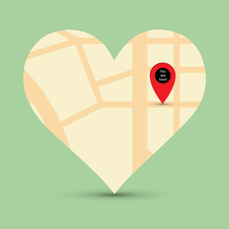 City map in heart shape with a pointer pin up and the text you are hereのイラスト素材