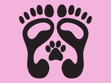 Animal footprint between two human footprints, human and animal bond conceptのイラスト素材