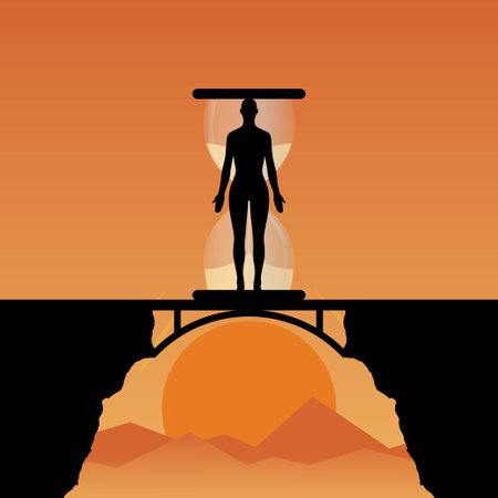 Silhouette of a person on a bridge with an hourglass behind him, human aging process conceptのイラスト素材