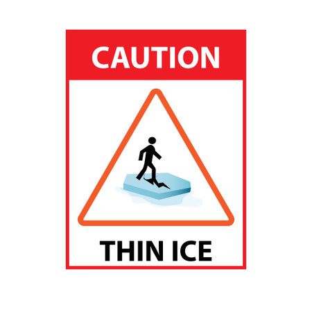 Silhouette of a person on a cracked ice floe with the text caution thin iceのイラスト素材