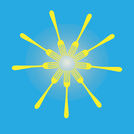 Yellow forks arranged in shape of a sun on blue backgroundのイラスト素材