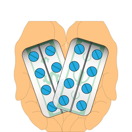 Hands holding two blisters with blue pills and with euro and dollar banknote symbolのイラスト素材