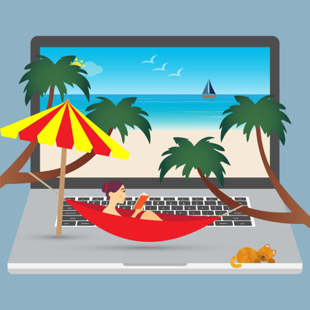 Woman reading in a hammock on a laptop with a sea landscape on screenのイラスト素材