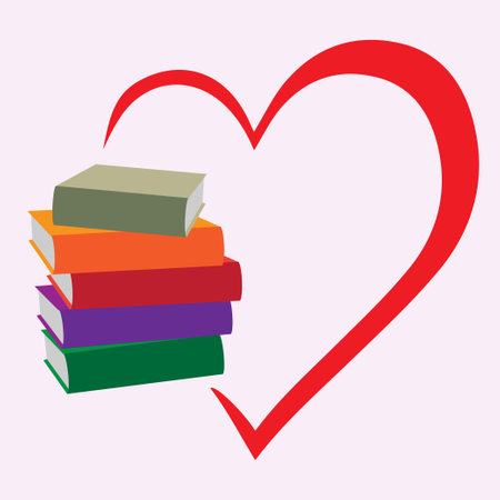 Red heart shape and a pile of books, love to read conceptのイラスト素材